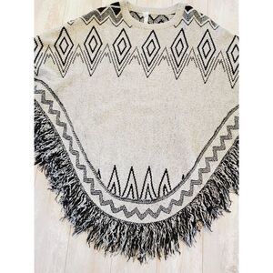 New York Collection PL Fringe Poncho Sweater Southwestern Tan Black Petite Large